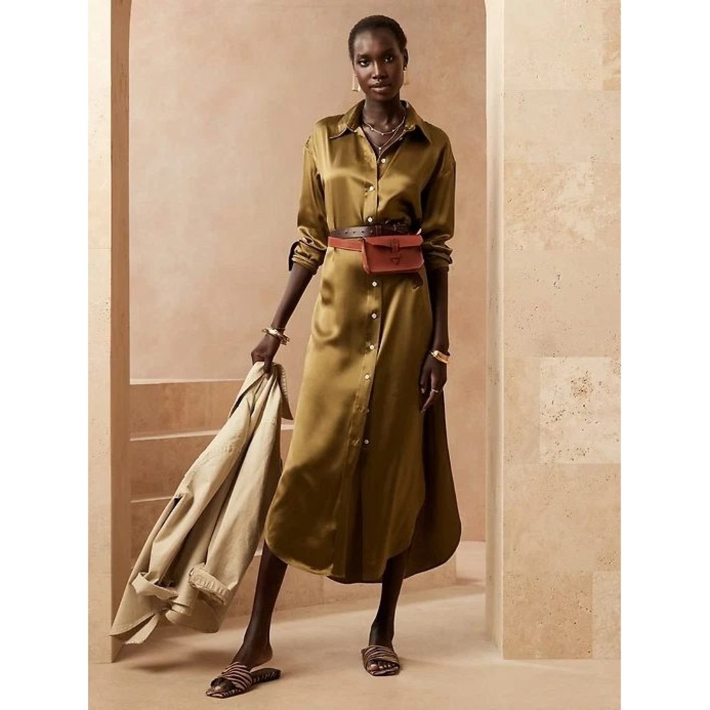 Banana Republic Muse Silk Maxi Shirtdress Cargo Green Petite Chic XXS NWT Marks